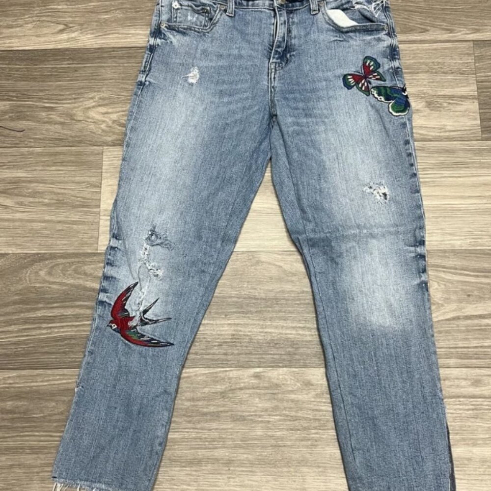Gap Best Girlfriend Blue Jeans Womens 27 30x25 Embroidered Bird Butterfly Thrash
